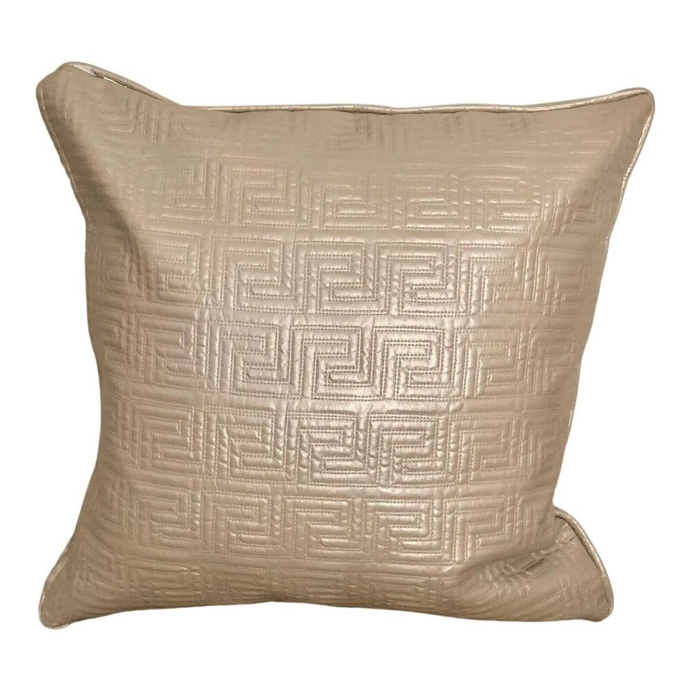 Pearlized Beige Vegan Leather Scroll Design Modern Pillow With Insert